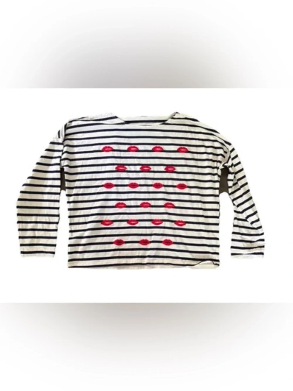J Crew Striped Long Sleeve Top Lips Kiss Embroidered Boxy T-Shirt Valentines XXL